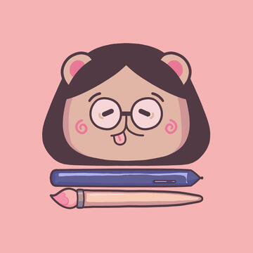 my brand logo. a bear with my haircut and glasses, a tongue sticking out and pink cheeks. below are a tablet stylus and paintbrush.